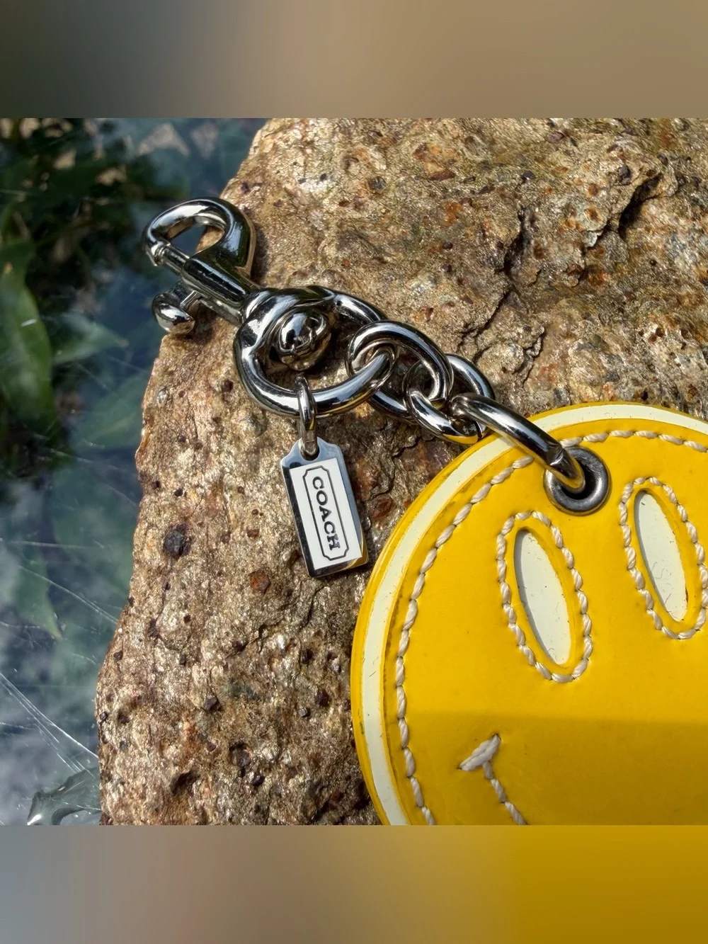 Vintage Coach Smiley Face Yellow & White Patent Leather Bag Charm Keychain